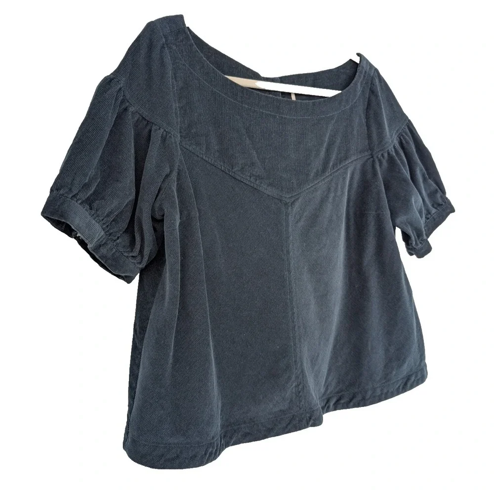 Free People‎ Finewell Corduroy Top Large Navy Boho Peasant Cottage Preppy Twee